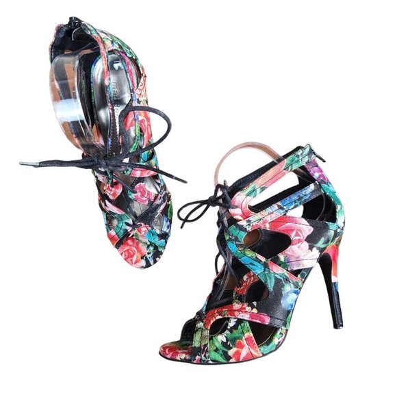 Madden Girl Floral Lace-Up Open-Toe High Heels With Back Zipper & Cutout Design - Picture 1 of 10